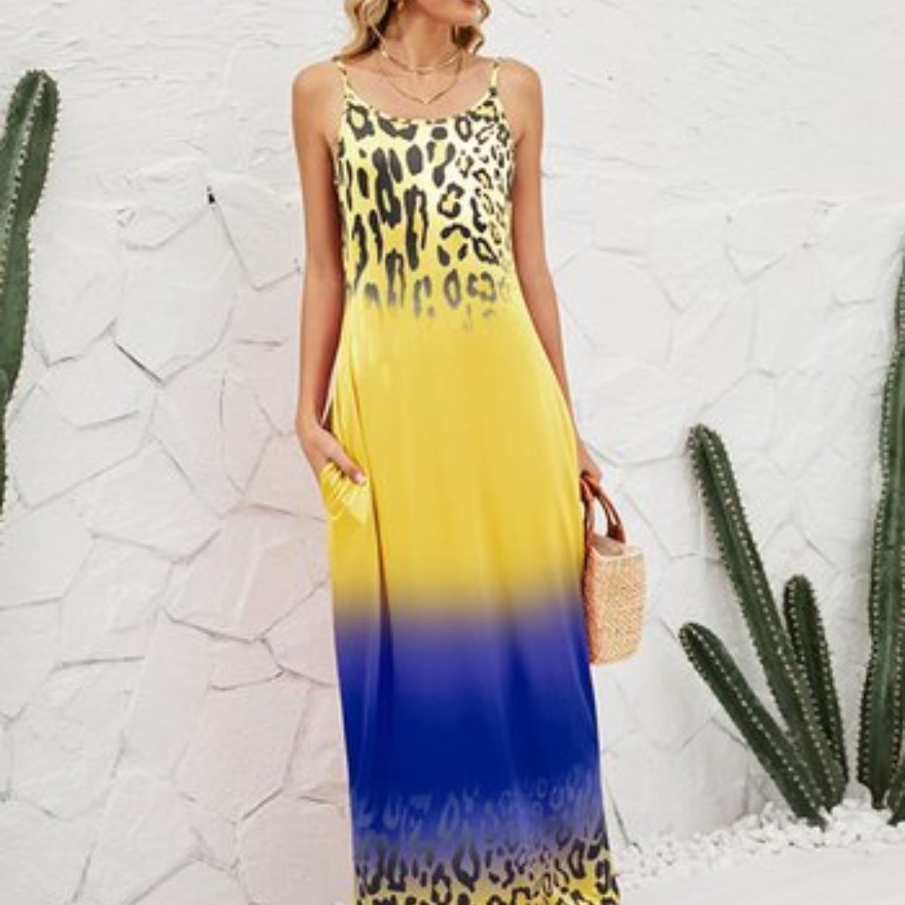 Yellow & Navy Ombré Leopard Maxi Dress